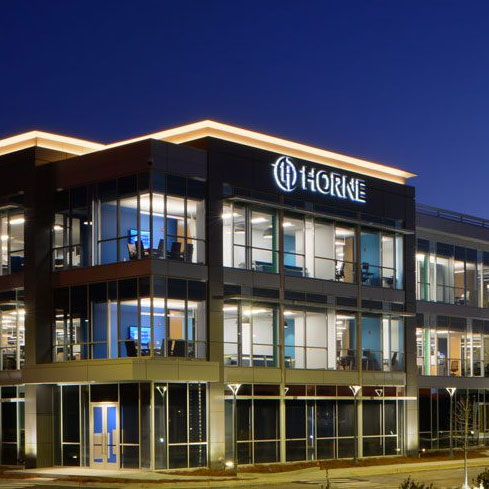 HORNE Ridgeland, MS office is lit up beautifully at night near Jackson, Mississippi.
